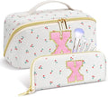 Personalized Travel Makeup Bag Set,Initial Travel Cute Cherry Makeup Organizer Bag,Toiletry Skincare Cosmetic Bag,Christmas Gifts for Women/Girls,Open Flat Toiletry Pouch with Brush Pocket-X