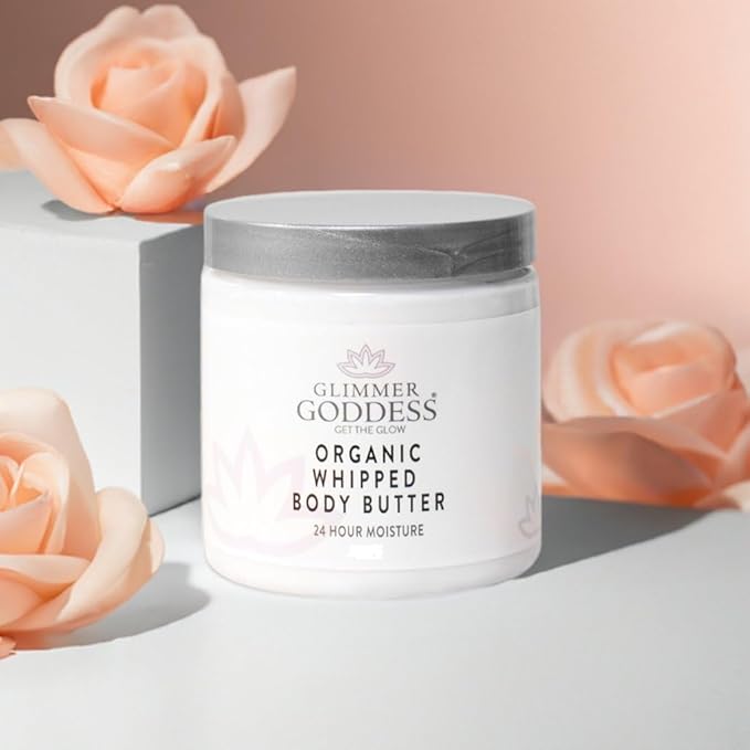 Glimmer Goddess Organic Whipped Body Butter for Women - Moisturizer Cream with Shea & Cocoa Butter, Almonds & Coconut Oil - Vanilla Bean, 8oz