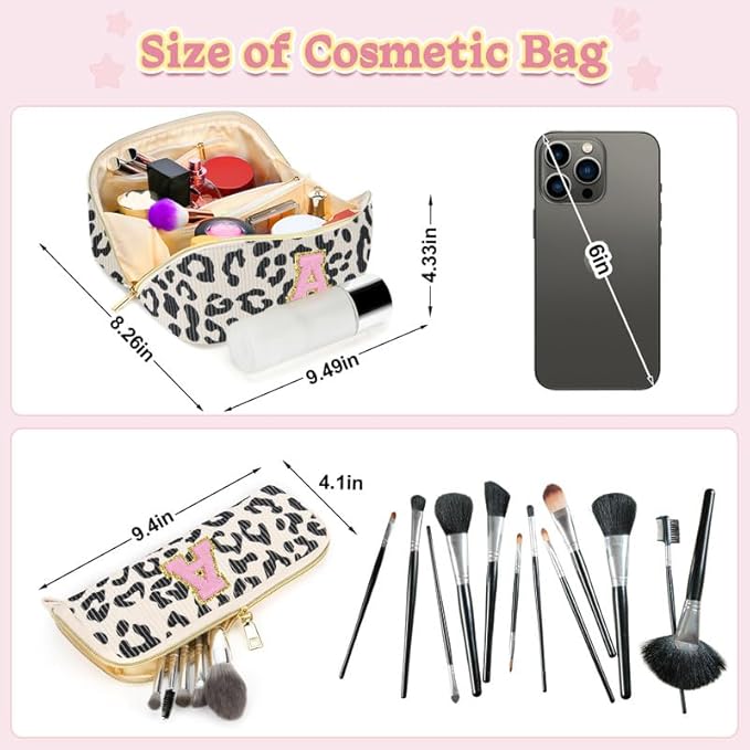 Personalized Travel Makeup Bag Set,Initial Travel Cute Leopard Makeup Organizer Bag,Toiletry Skincare Cosmetic Bag,Christmas Gifts for Women/Girls,Open Flat Toiletry Pouch with Brush Pocket-V