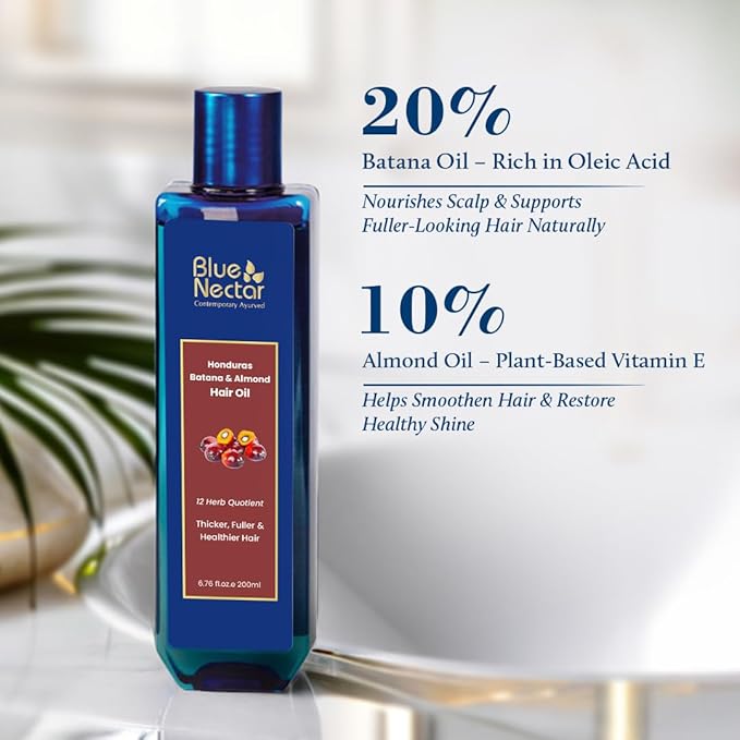 Blue Nectar Batana Oil for Thicker Hair | Pure Honduras Batana for Hair Growth with Organic Almond | Ayurvedic Hair Growth Oil for Stronger Hair (12 Herbs, 6.76 FlOz)