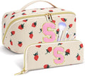 Personalized Travel Makeup Bag Set,Initial Travel Strawberry Makeup Organizer Bag,Toiletry Skincare Cosmetic Bag,Christmas Gifts for Women/Girls,Open Flat Toiletry Pouch with Brush Pocket-S