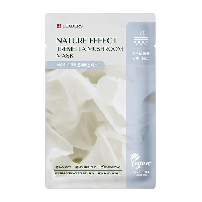 LEADERS Nature Effect Tremella Mushroom Mask - Hydrating & Elasticity Boosting Face Mask with Vegan Collagen, Moisturizing and Heals Dry Skin with Serum Content, Vegan Certified - 10 Sheets