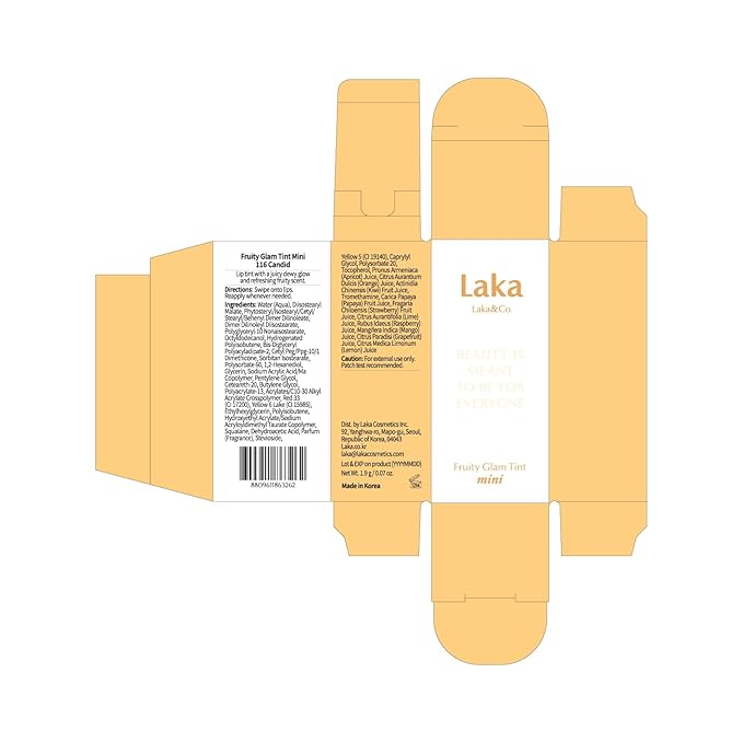 Laka Fruity Glam Lip Tint Mini, Glowing Lip Stain with Wide Color Spectrum, Hydrating & Lightweight Texture, Long-Lasting Bold Stain, Non-Sticky, Vegan, K-Beauty (#116 Candid)