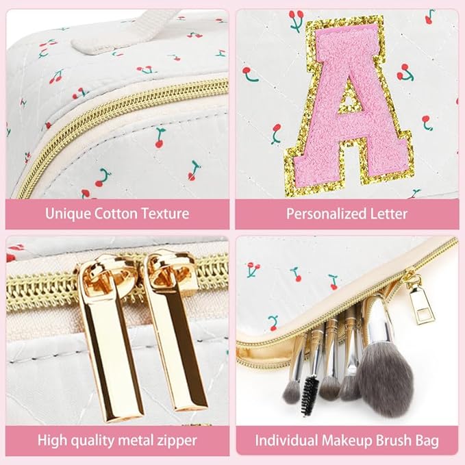 Personalized Travel Makeup Bag Set,Initial Travel Cute Cherry Makeup Organizer Bag,Toiletry Skincare Cosmetic Bag,Christmas Gifts for Women/Girls,Open Flat Toiletry Pouch with Brush Pocket-W