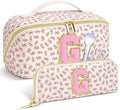 Personalized Travel Makeup Bag Set,Initial Travel Cute Floral Makeup Organizer Bag,Toiletry Skincare Cosmetic Bag,Christmas Gifts for Women/Girls,Open Flat Toiletry Pouch with Brush Pocket-G