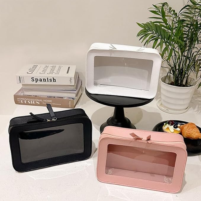 Clear and Waterproof Makeup Bag Portable Travel Cosmetic Case Organizer for Women Toiletry Pouch with Transparent Vinyl Windows & Zippers (Pink)