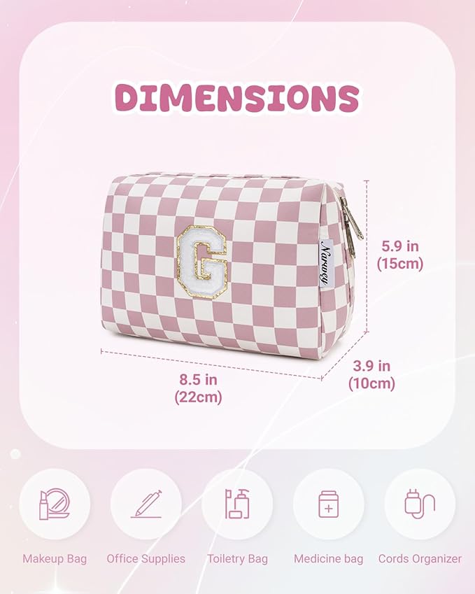 Narwey Birthday Gifts for Teen Girls Kids Women Personalized Initial Checkered Makeup Bag Pink Monogram Cosmetic Bag Trendy Stuff 6 8 10 11 12 13 14 16 18 Years Old Travel Toiletry Bag (Dusty Rose G)