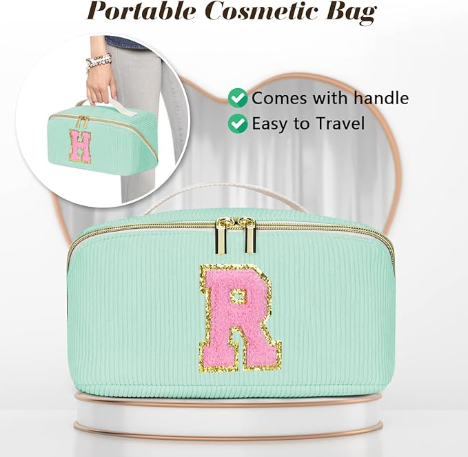 Personalized Initial Makeup Bag,Christmas Gifts for Girl,Preppy Bag Cosmetic Travel Bag Women,Travel Toiletry Organizer,Large Capacity Corduroy Stuff Bag,Cute Cosmetic Pouch Skincare Bag-U
