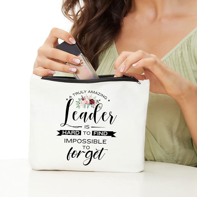 JIUWEIHU Leaders Appreciation Gifts Boss Gifts for Christmas Birthday Gift for Leader Supervisor PM Mentor Thank You Retirement Farewell Makeup Bag Coworker Present- Amazing Leader is Hard to Find