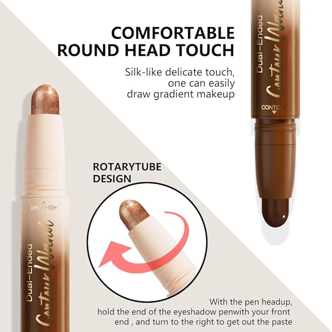 evpct Black Cocoa & Bronzer Shimmer Cream Contour Stick Face Body Makeup Dual Ended, no Transfer Waterproof 2 in 1 Cream Concealer Stick Contouring Makeup, Nose Contour Bronzer Sticks Face Highlighter