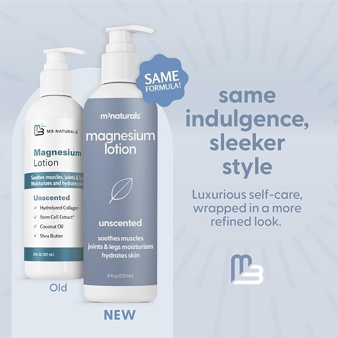 M3 Naturals Unscented Magnesium Lotion for Sleep & Leg Cramps, Suitable for Sensitive Skin, Helps with Muscle Relaxation, Soothes Tired Legs & Foot Aches and Supports Restful Nights, 8 fl oz