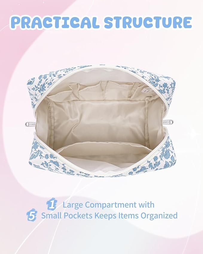 Narwey Birthday Gifts for Teen Girls Kids Women Personalized Initial Floral Makeup Bag Cute Cosmetic Trendy Stuff 6 8 10 11 12 13 14 16 18 Years Old Travel Toiletry Bag (Little Blue Flower G)