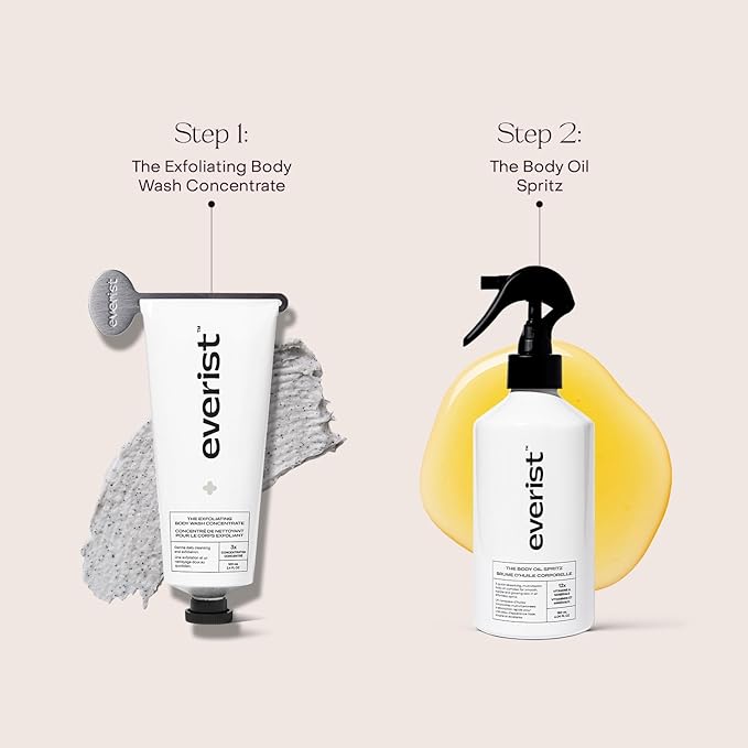 Everist The Exfoliating Body Ritual Set, 3.4 fl. oz Exfoliating Body Wash Concentrate, 6.09 fl. oz Body Oil Spritz & Konjac Sponge in Jute Travel Bag, Cleansing & Hydrating For All Skin Types