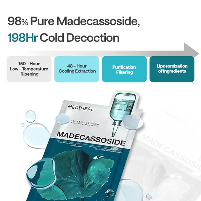 Mediheal Madecassoside Essential Sheet Mask Blemish Repair 10 pcs. 98% Purity Madecassoside & Hyaluronic Acid Included. Enhancing Moisture Barrier & Skin Texture Care. Vegan Formula Sheet Mask