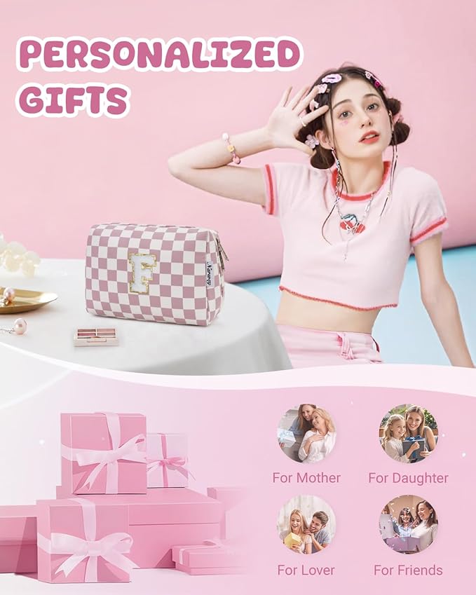 Narwey Birthday Gifts for Teen Girls Kids Women Personalized Initial Checkered Makeup Bag Pink Monogram Cosmetic Bag Trendy Stuff 6 8 10 11 12 13 14 16 18 Years Old Travel Toiletry Bag (Dusty Rose F)