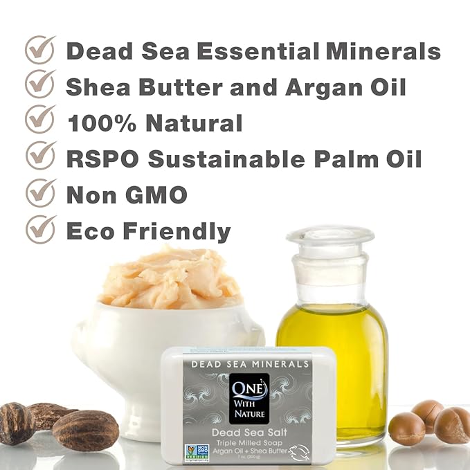 One With Nature Dead Sea Salt Soap 7oz 3-Pack – Purifying and Exfoliating Soap Bar with Dead Sea Minerals for Face & Body, for Men & Women. Unscented.
