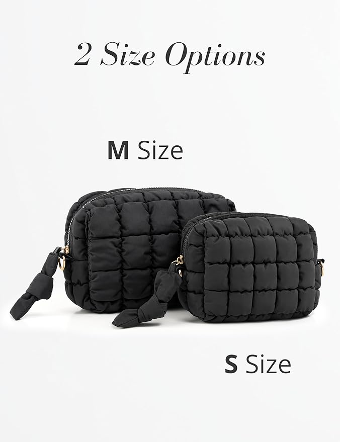 Yarnic Quilted Makeup Bag Cosmetic Bag, Travel Toiletry Bag for Women, Cute Makeup Bag Organizer Puffer Makeup Pouch (S, Black)