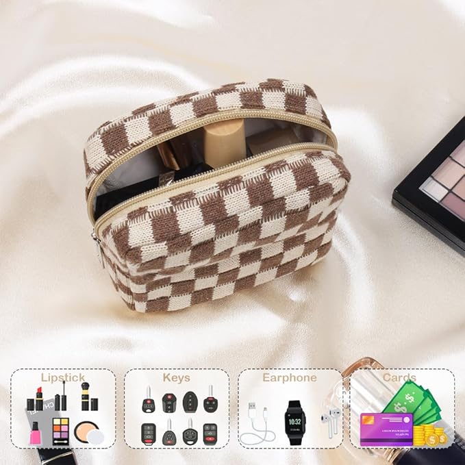Small Brown Makeup Bag for Purse, Mini Checkered Cosmetic Bag Zipper Cute Make Up Pouch Travel Toiletry Bag Quilted Aesthetic Accessories Makeup Storage Bag Organizer for Women Girls