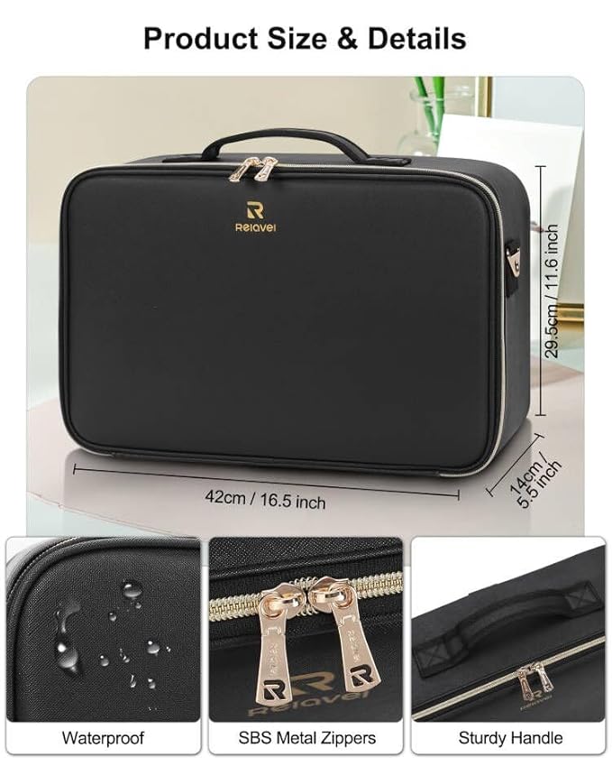 Relavel Travel Makeup Bag With LED Mirror, 16.2" Large Makeup Train Case, 3 Color Scenarios Adjustable Brightness, Waterproof Makeup Train Case Organizer with DIY Dividers for Makeup Artist, Black
