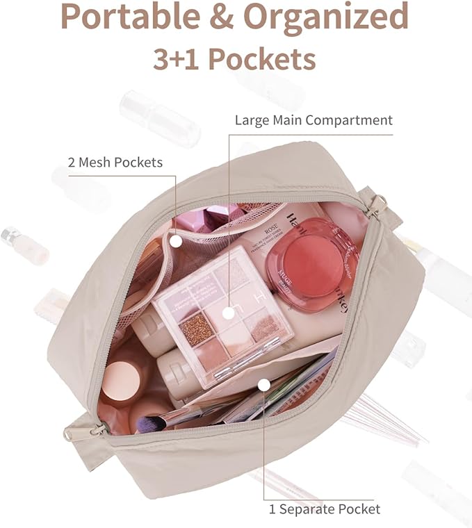 Narwey Puffy Makeup Bag for Travel Women Girl, Quilted Makeup Bag Cosmetic Bag, Cute Puffer Make Up Organizer Bags, Travel Toiletry Bag Toiletries (Khaki)