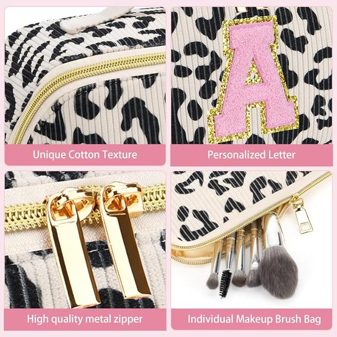 Personalized Travel Makeup Bag Set,Initial Travel Cute Leopard Makeup Organizer Bag,Toiletry Skincare Cosmetic Bag,Christmas Gifts for Women/Girls,Open Flat Toiletry Pouch with Brush Pocket-W