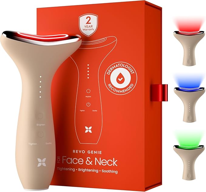 REVO Genie | 3-in-1 Face & Neck Beauty Massager with Heat, 3 Light Therapies, Smart Vibration | Powerful Red Light, Blue Light, and Green Light Therapy for Wrinkles, Hyperpigmentation, Acne & More