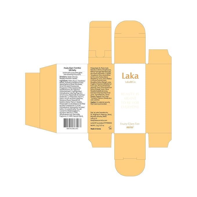 Laka Fruity Glam Tint, Glowing Lip Stain with Wide Color Spectrum, Hydrating & Lightweight Texture, Long-Lasting Bold Stain, Non-Sticky, Vegan, K-Beauty (#108 Salty, 1.9g/0.07oz)