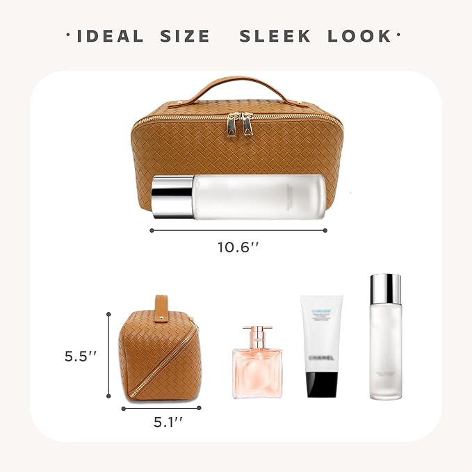 Travel Makeup Bag – Large Cosmetic Organizer with Waterproof PU Leather, Smooth Double Zipper & Tear-Resistant Lining, Toiletry Pouch for Women (Caramel)