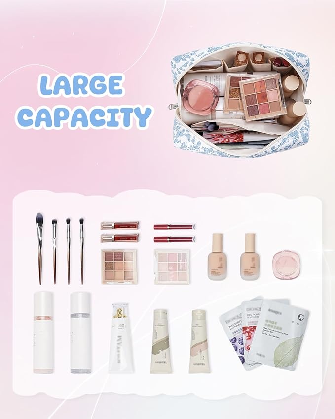 Narwey Birthday Gifts for Teen Girls Kids Women Personalized Initial Floral Makeup Bag Cute Cosmetic Trendy Stuff 6 8 10 11 12 13 14 16 18 Years Old Travel Toiletry Bag (Little Blue Flower H)