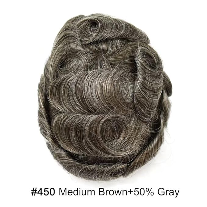 Mens Toupee Human Hair Piece French Lace Toupee for Man Hair System Indian Human Hair Replacement Systems V-Looped PU Front Hairpieces 6"X9" #450 Medium Brown with 50% Gray