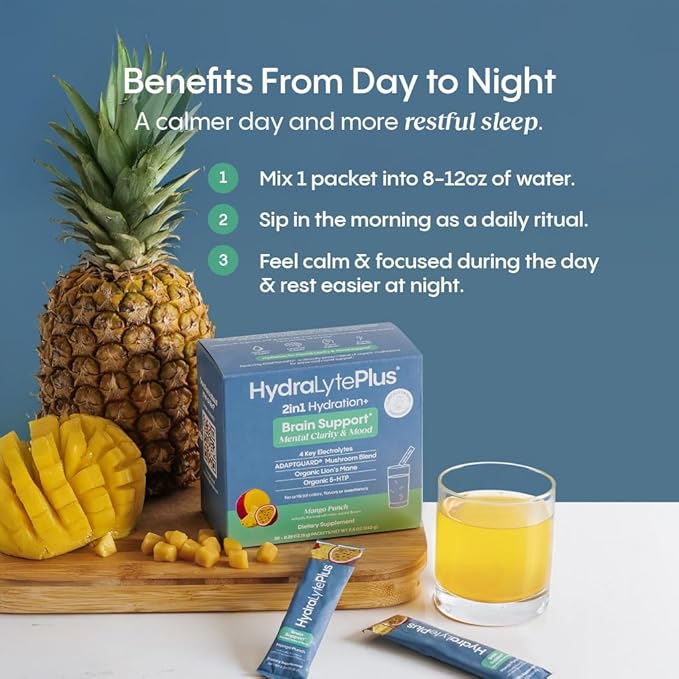 Hydralyte Brain Support - Memory & Focus | Electrolytes + Organic Lions Mane, Reishi, Cordyceps & 5-HTP | Adaptogen Drink Mix with Mushroom Powder | Support Focus and Mood (30 Pack, Mango Punch)