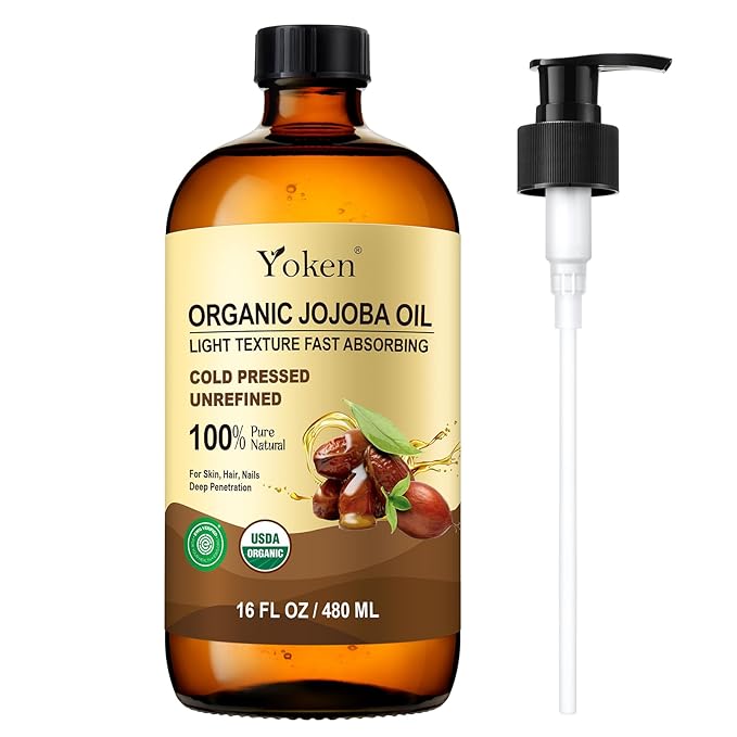 Organic Jojoba Oil Glass Bottle 16 fl oz, USDA Certified 100 Pure & Natural Jojoba Oil for Hair, Skin & Face, Cold Pressed Unrefined Hexane Free, Deeply Moisturizing Body Serum for Gua Sha