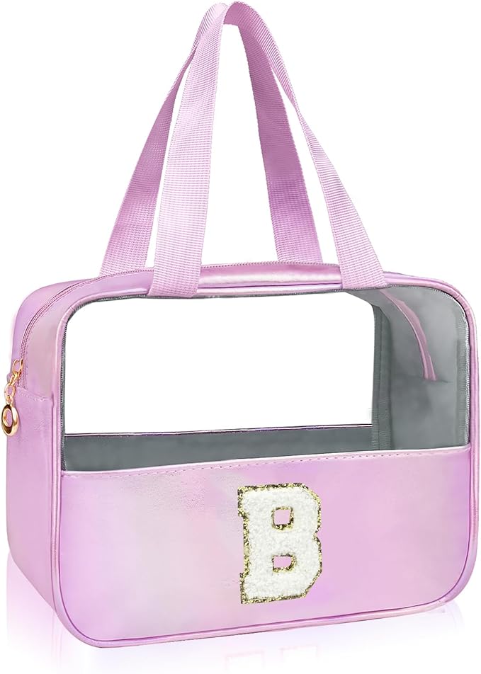 Personalized Initial B Clear Purple Makeup Bag - Large Travel Toiletry Bag, Cute Cosmetic Organizer Set for Girlfriend, Teacher, Teen Girl Gifts