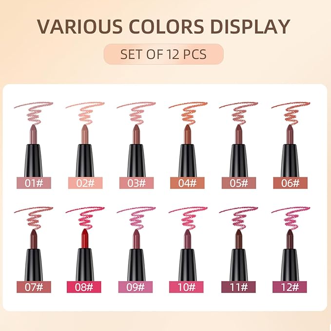 QiBest 12Pcs Crayon Lipsticks Gel Lip Liner Pencil Set, Creamy Long-Lasting Lip Colors Makeup Kit for Women and Girls, Retractable Lipliner Pencils Pack with Rich Color & Smooth Application