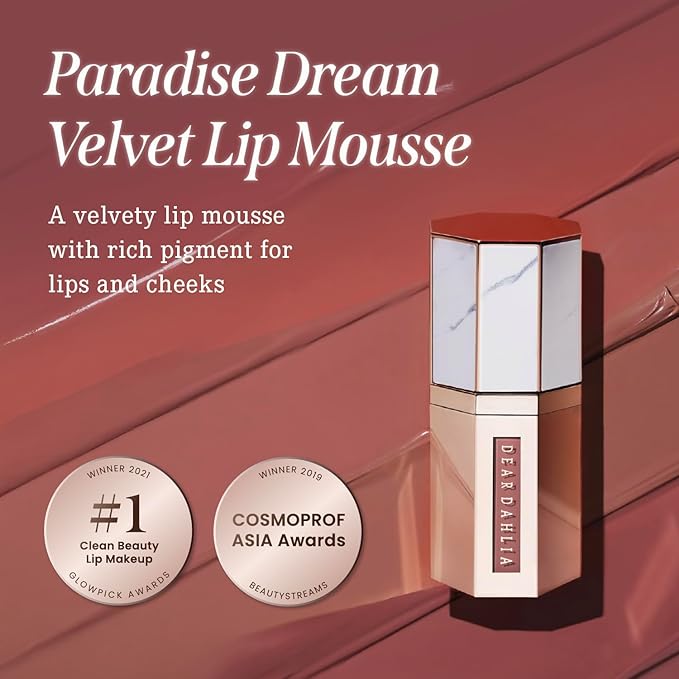 DEARDAHLIA Paradise Dream Velvet Lip Mousse (Butterscotch) - Vegan Soft-Matte Lip Tint with Lightweight, Buildable, Long-Lasting Color, Whipped Mousse Texture. Cruelty-Free. 0.21 Fl oz