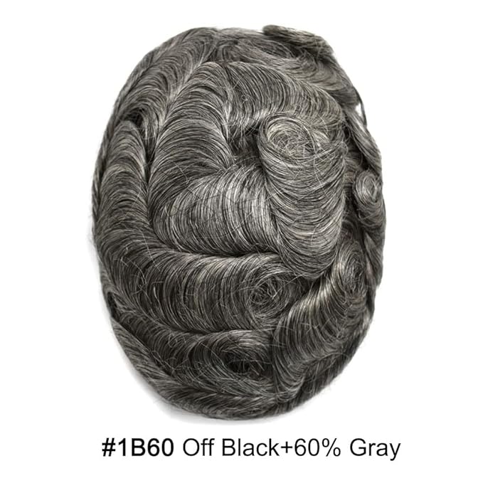 FACE MIRACLE Hair System for Men French Lace Mens Toupee Human Hair Replacement System Lace with PU Toupee for Men Male Hair Piece Wigs 7"X9" #1B60 Off Black with 60% Gray