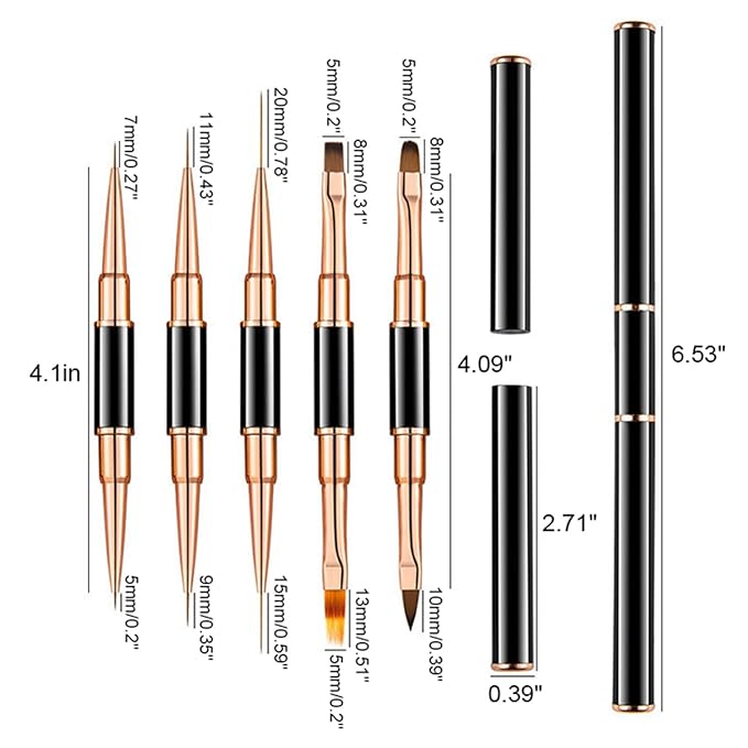 5Pcs Nail Art Bushes Set Double-Ended Professional Gel Polish Nail Art Design Painting Tools Nail Art Liner Brush (5/7/9/11/15/20mm) for Nails Detail, Long Lines, Ombre, Drawing(White)