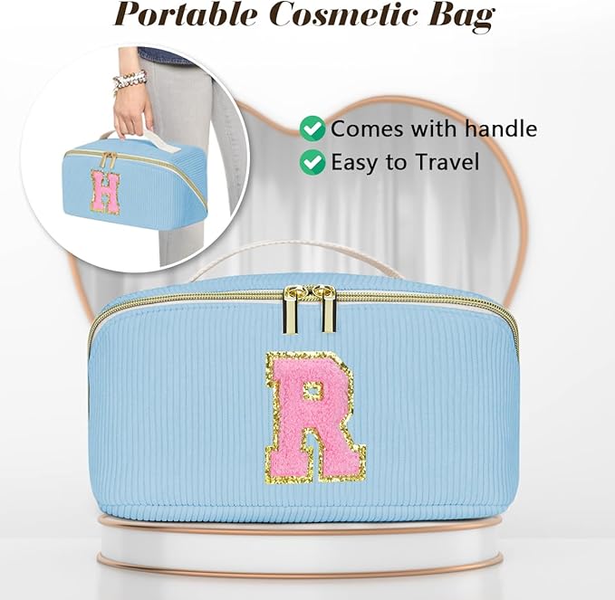 Personalized Initial Makeup Bag,Christmas Gifts for Girl,Preppy Bag Cosmetic Travel Bag Women,Travel Toiletry Organizer,Large Capacity Corduroy Stuff Bag,Cute Cosmetic Pouch Skincare Bag-T