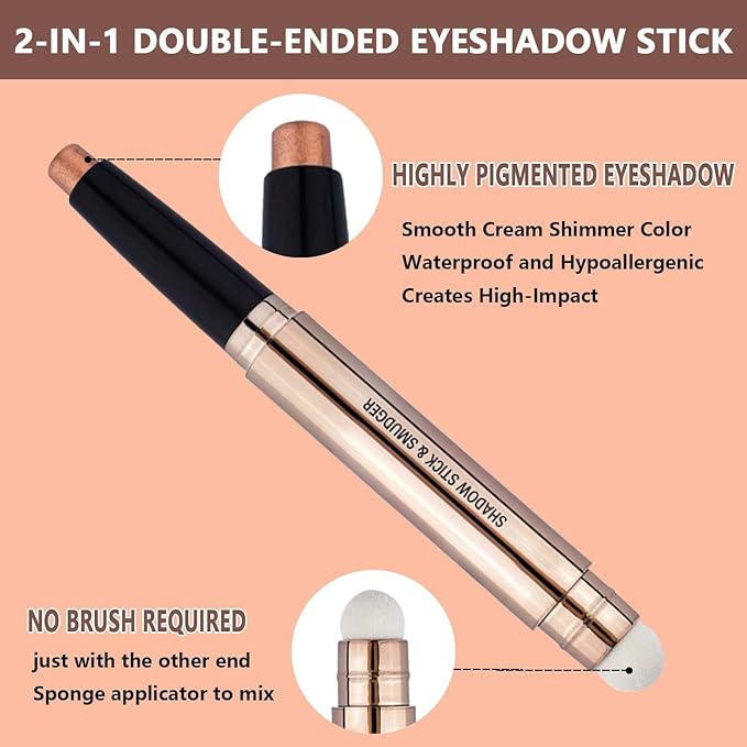 Eyeshadow stick and Sponge Makeup Brush,glitter primer palette Smooth Cream Shimmer Pencil Long Lasting Waterproof Highlighter Hypoallergenic Multi-Dimensional eyes Look