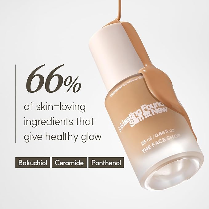 THE FACE SHOP Ink Lasting Liquid Foundation, Full Coverage, 72‑Hour Wear Semi‑Matte Finish, Makeup with Bakuchiol, C410 Gingerbread, 0.84 Fl. Oz.