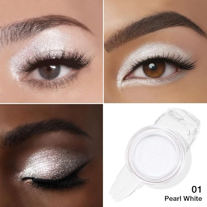 Cream Glitter Pearl White Shimmer Metallic Eyeshadow Palette Makeup, Natural Single Mini Instant Holographic Eyeshadow For Women, Sombras Crema Para Ojos,Talc,Paraben&Cruelty Free, P01