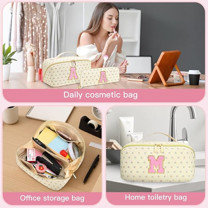 Personalized Travel Makeup Bag Set,Initial Travel Cute Floral Makeup Organizer Bag,Toiletry Skincare Cosmetic Bag,Christmas Gifts for Women/Girls,Open Flat Toiletry Pouch with Brush Pocket-E