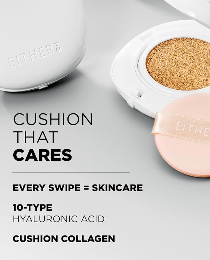 EITHER& Glow Pixel Cushion Foundation, Natural Coverage, Glow Finish – Up to 100 Hours, Moisturizing and Hydrating, Korean Beauty (#21N Natural, 12g)