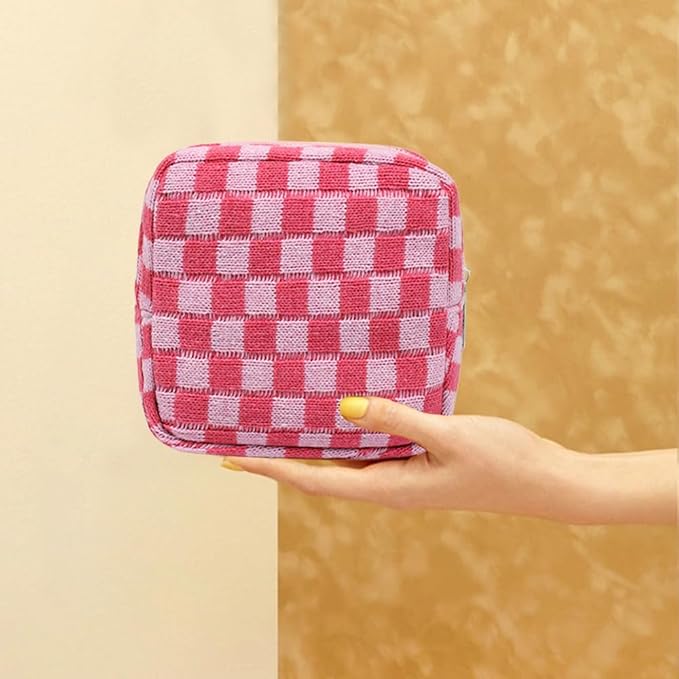 2 Pieces Makeup Bag Set, Small Pink Checkered Cosmetic Bag Travel Toiletry Organizer Mini Cosmetic Pouch Case Makeup Brushes Cute Quilted Aesthetic Accessories Storage Bag for Women