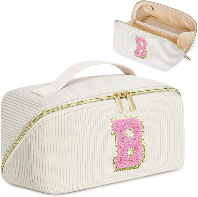 Personalized Initial Makeup Bag,Christmas Gifts for Girl,Preppy Bag Cosmetic Travel Bag Women,Travel Toiletry Organizer,Large Capacity Corduroy Stuff Bag,Cute Cosmetic Pouch Skincare Bag-B