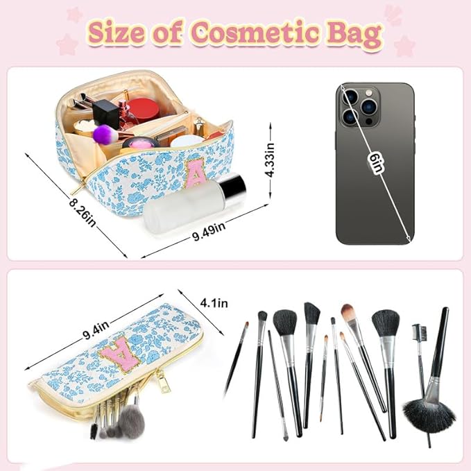 Personalized Travel Makeup Bag Set,Initial Travel Cute Floral Makeup Organizer Bag,Toiletry Skincare Cosmetic Bag,Christmas Gifts for Women/Girls,Open Flat Toiletry Pouch with Brush Pocket-R