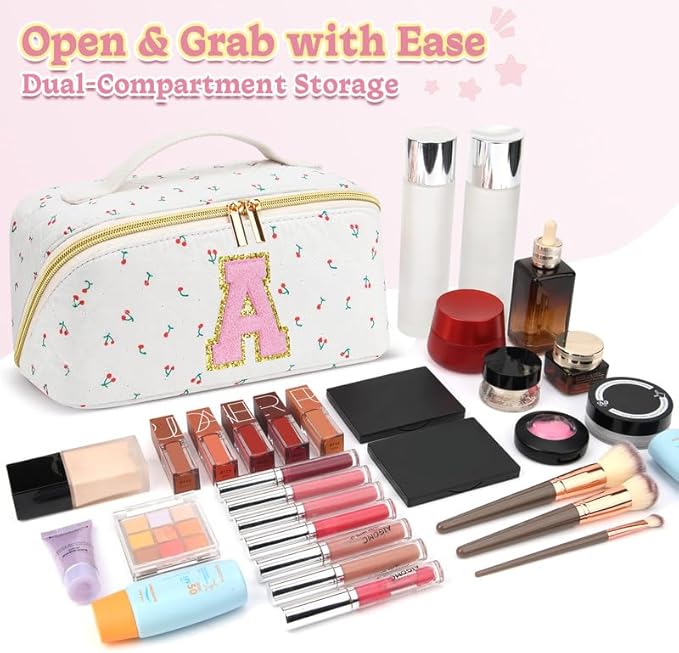 Personalized Travel Makeup Bag Set,Initial Travel Cute Cherry Makeup Organizer Bag,Toiletry Skincare Cosmetic Bag,Christmas Gifts for Women/Girls,Open Flat Toiletry Pouch with Brush Pocket-T