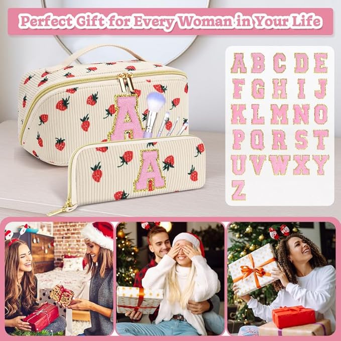 Personalized Travel Makeup Bag Set,Initial Travel Strawberry Makeup Organizer Bag,Toiletry Skincare Cosmetic Bag,Christmas Gifts for Women/Girls,Open Flat Toiletry Pouch with Brush Pocket-K