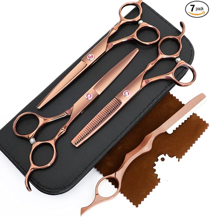 Professional Hair Cutting Scissors Sets Stainless Steel Barber Hairdressing Scissors Multifunctional Salon Thinning Scissors Straight Shears Tools Gifts for Mom Dad and Friends (Brown)