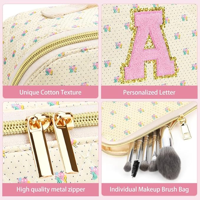 Personalized Travel Makeup Bag Set,Initial Travel Cute Floral Makeup Organizer Bag,Toiletry Skincare Cosmetic Bag,Christmas Gifts for Women/Girls,Open Flat Toiletry Pouch with Brush Pocket-T